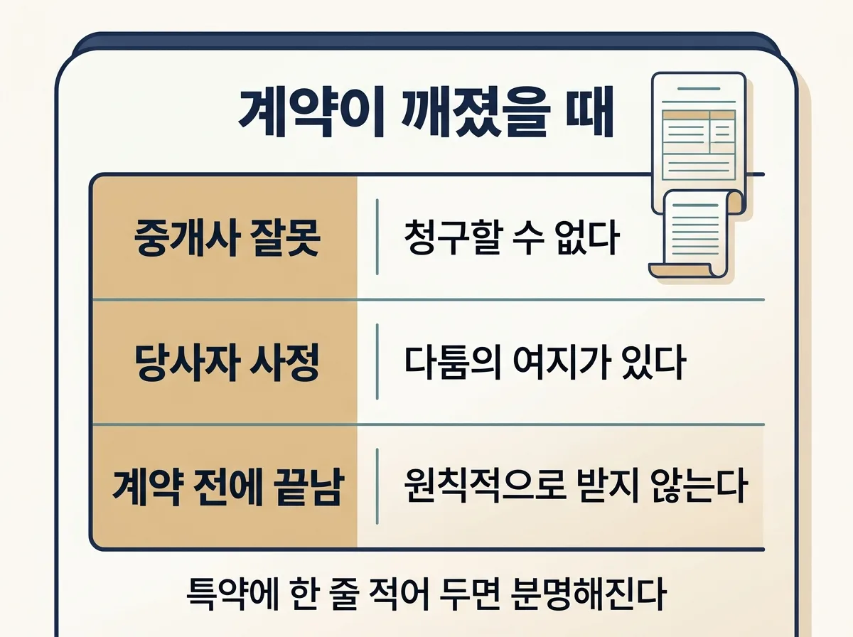 계약이 깨졌을 때 중개보수를 청구할 수 있는지 구분한 도해