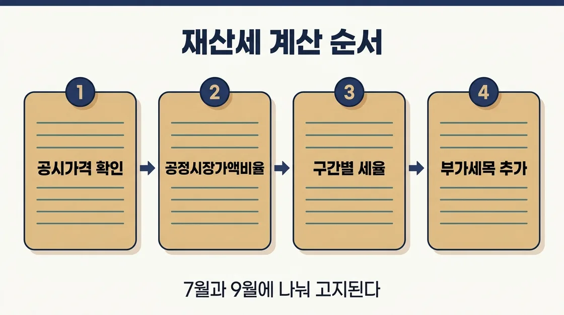 재산세 납부 시기와 공시가격 기준 계산 단계를 정리한 도해
