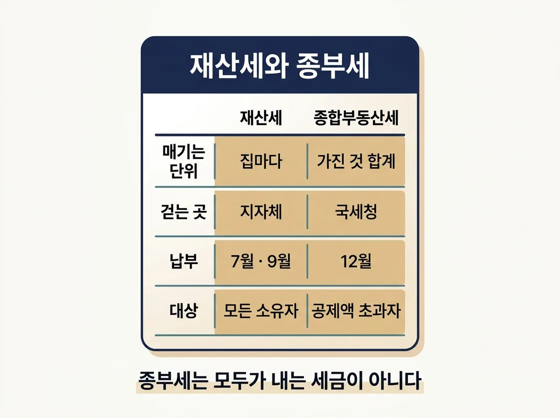 재산세와 종합부동산세의 과세 단위와 납부 시기 비교 도해