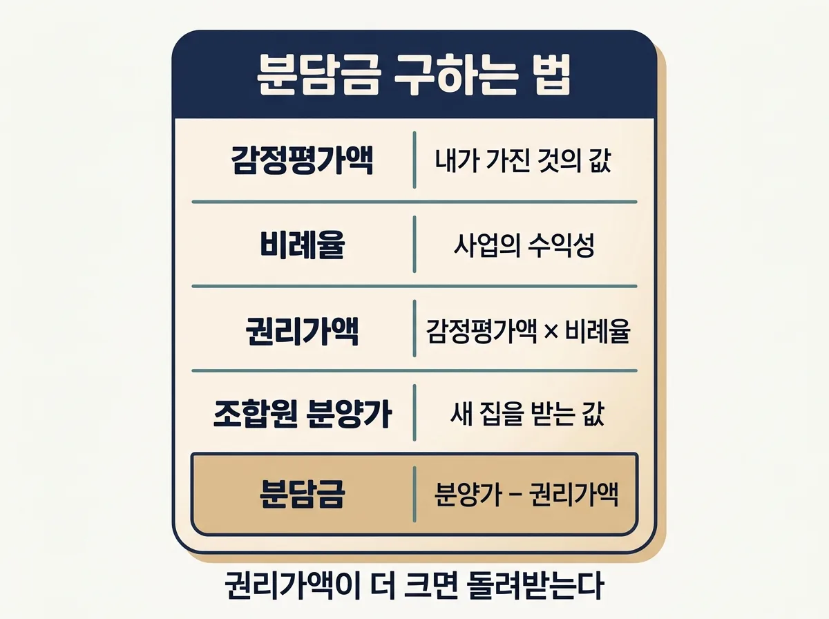분담금을 구하는 다섯 가지 항목과 계산 순서를 정리한 도해