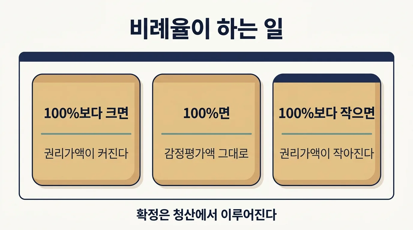 비례율이 권리가액에 미치는 영향을 세 가지로 비교한 도해