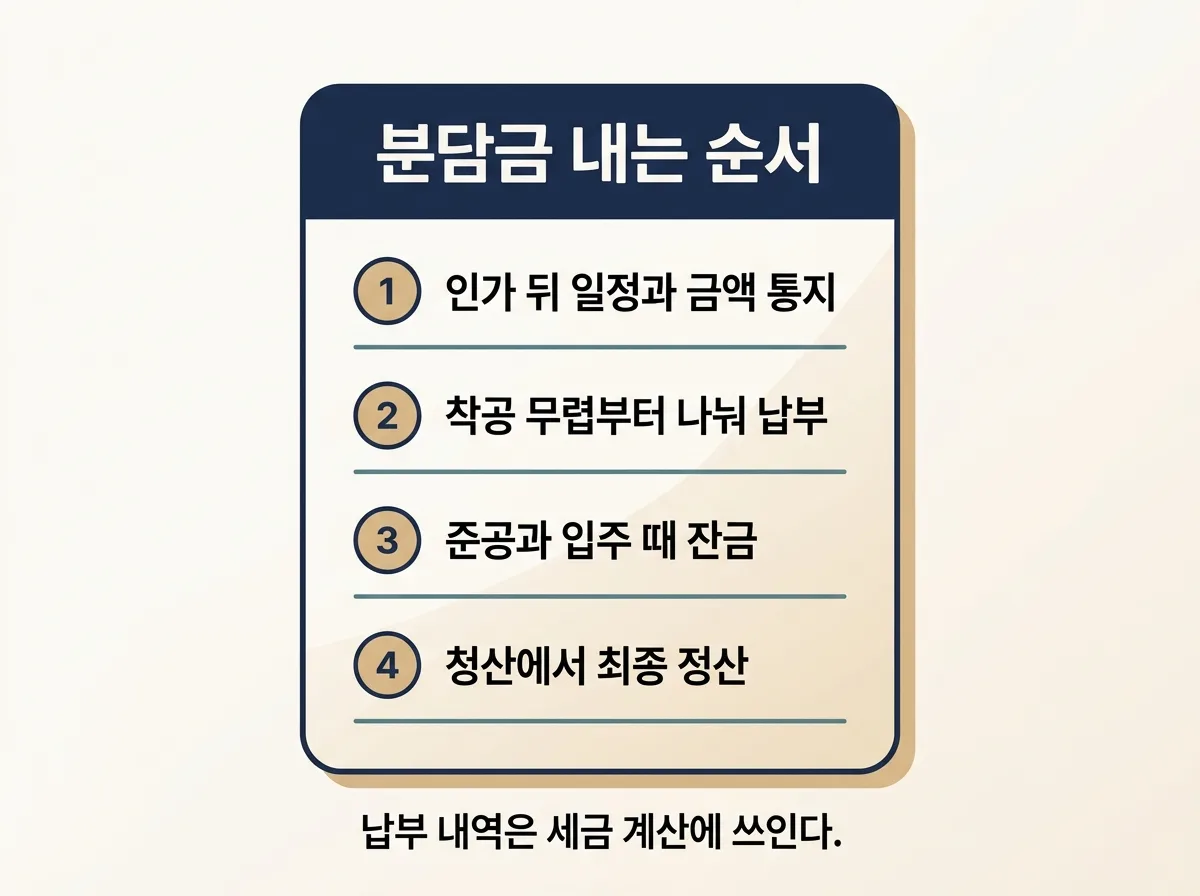 분담금을 나눠 내는 네 단계와 청산 시점을 정리한 도해