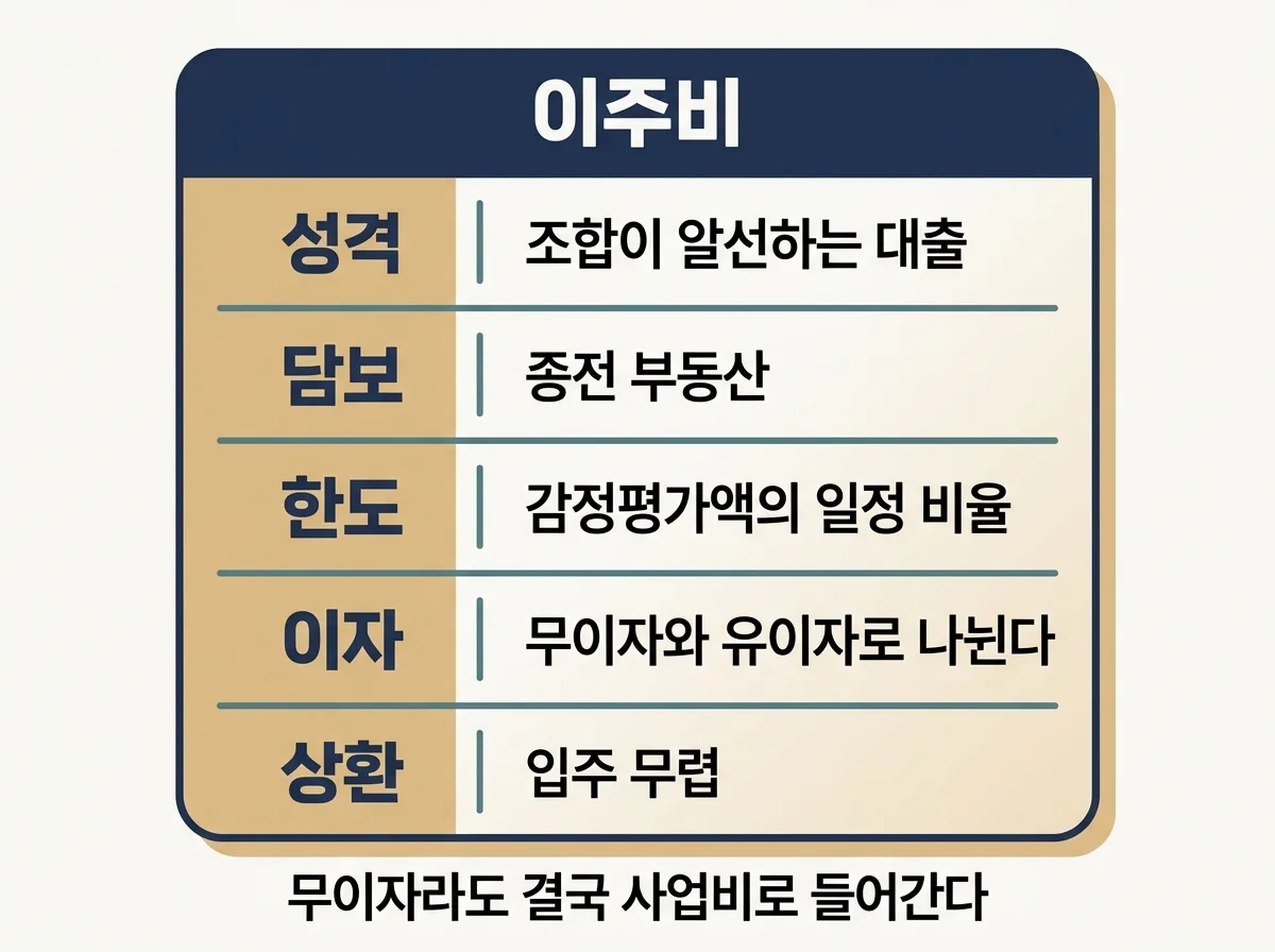 이주비 대출의 구조와 갚아야 할 시점을 표로 정리한 도해