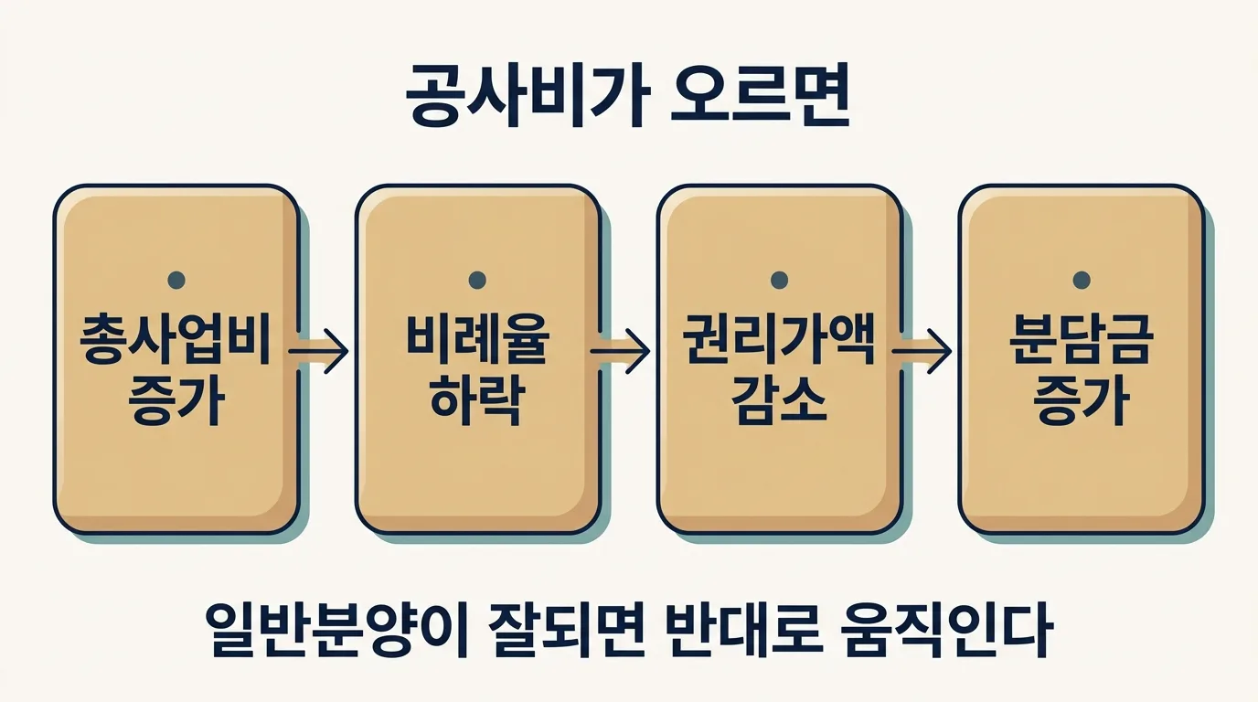 공사비 상승이 분담금 증가로 이어지는 경로를 정리한 도해