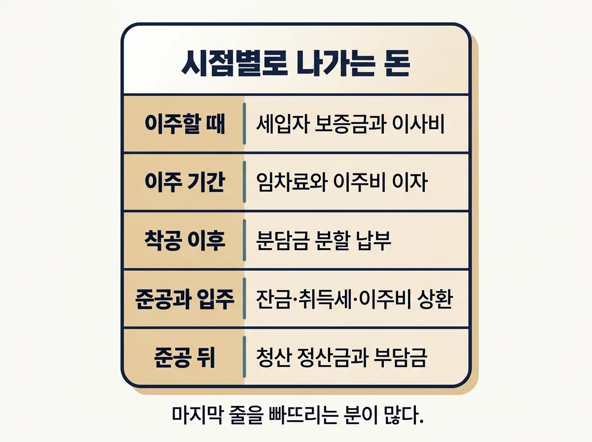 재개발 자금 계획을 시점별로 정리한 표 형태의 안내 도해
