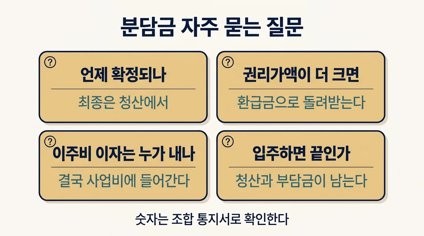 분담금과 이주비에 관한 자주 묻는 질문 네 가지 답변 카드