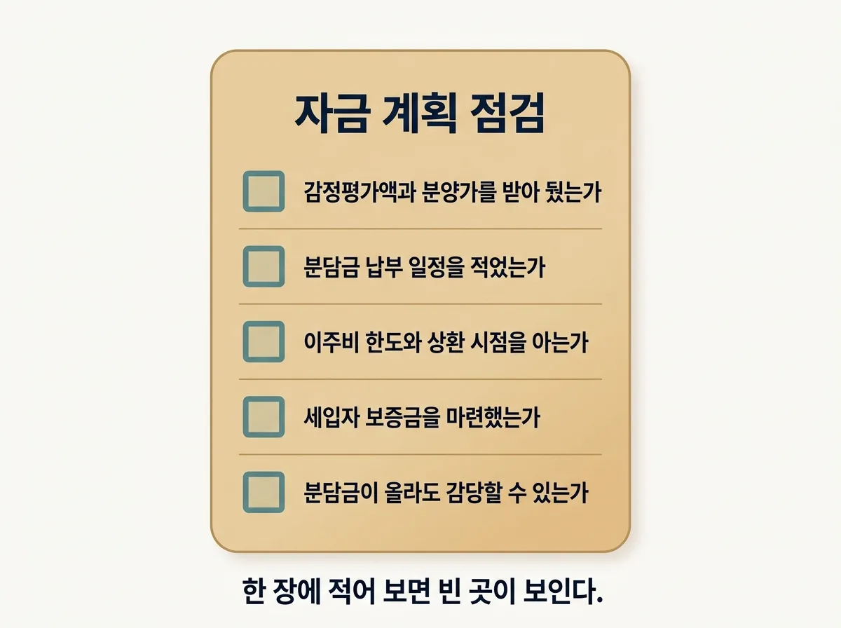 분담금 자금 계획을 세울 때 확인할 다섯 가지 체크리스트 도해