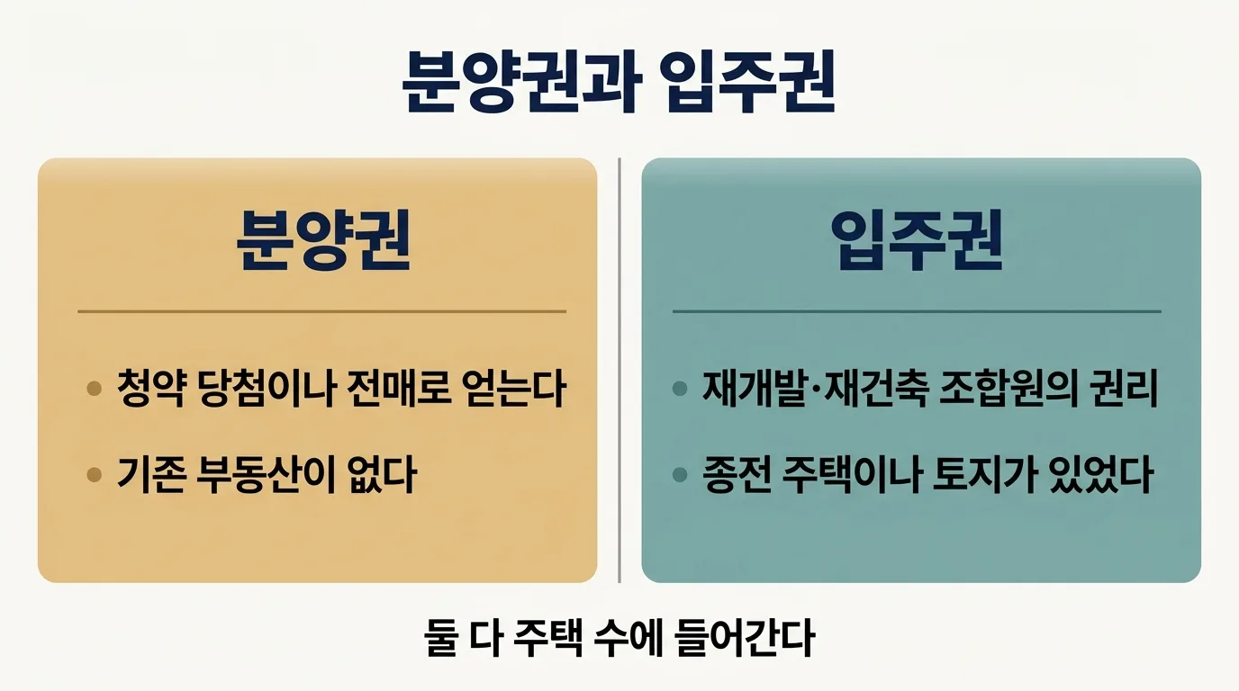 분양권과 입주권의 차이와 주택 수 포함 여부를 정리한 도해