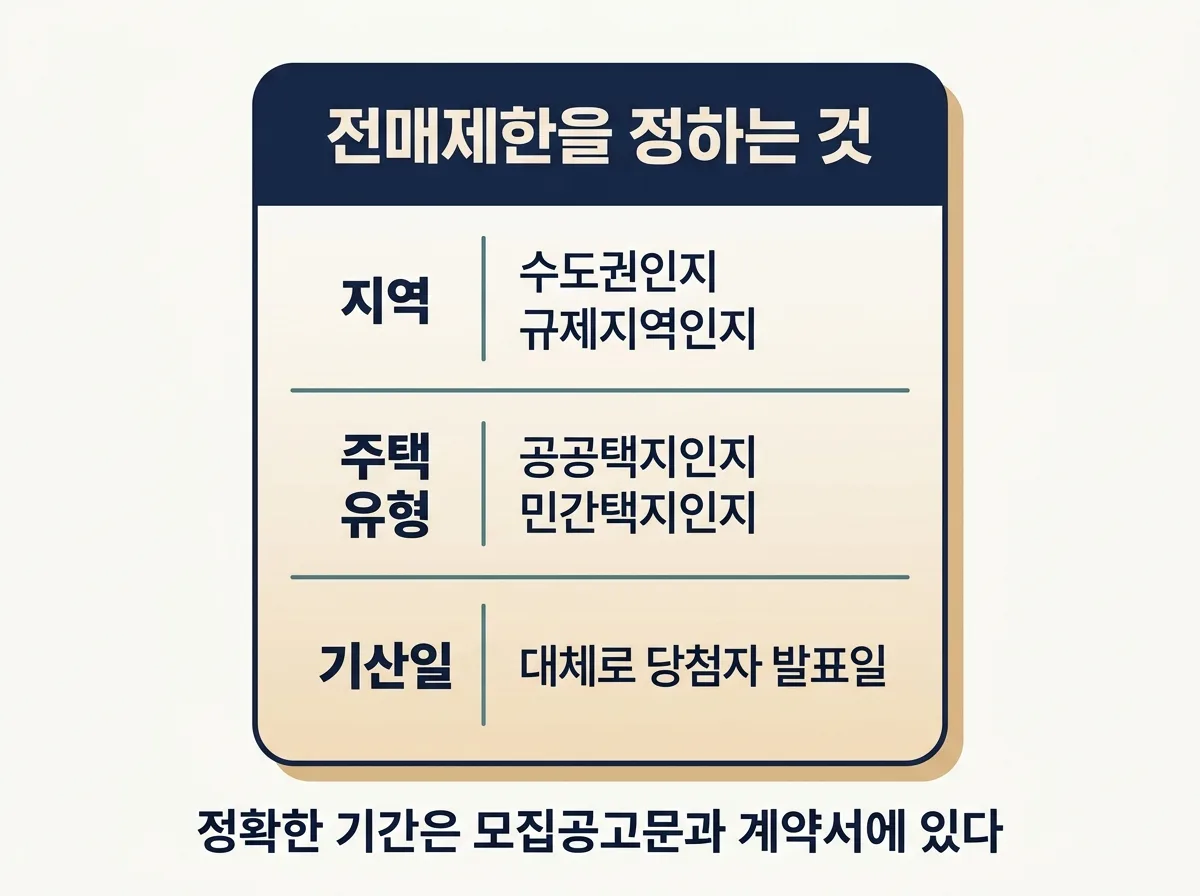 전매제한 기간을 정하는 요소와 확인 방법을 정리한 도해