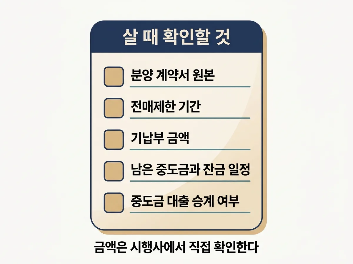 분양권을 살 때 확인해야 할 다섯 가지 항목을 정리한 도해