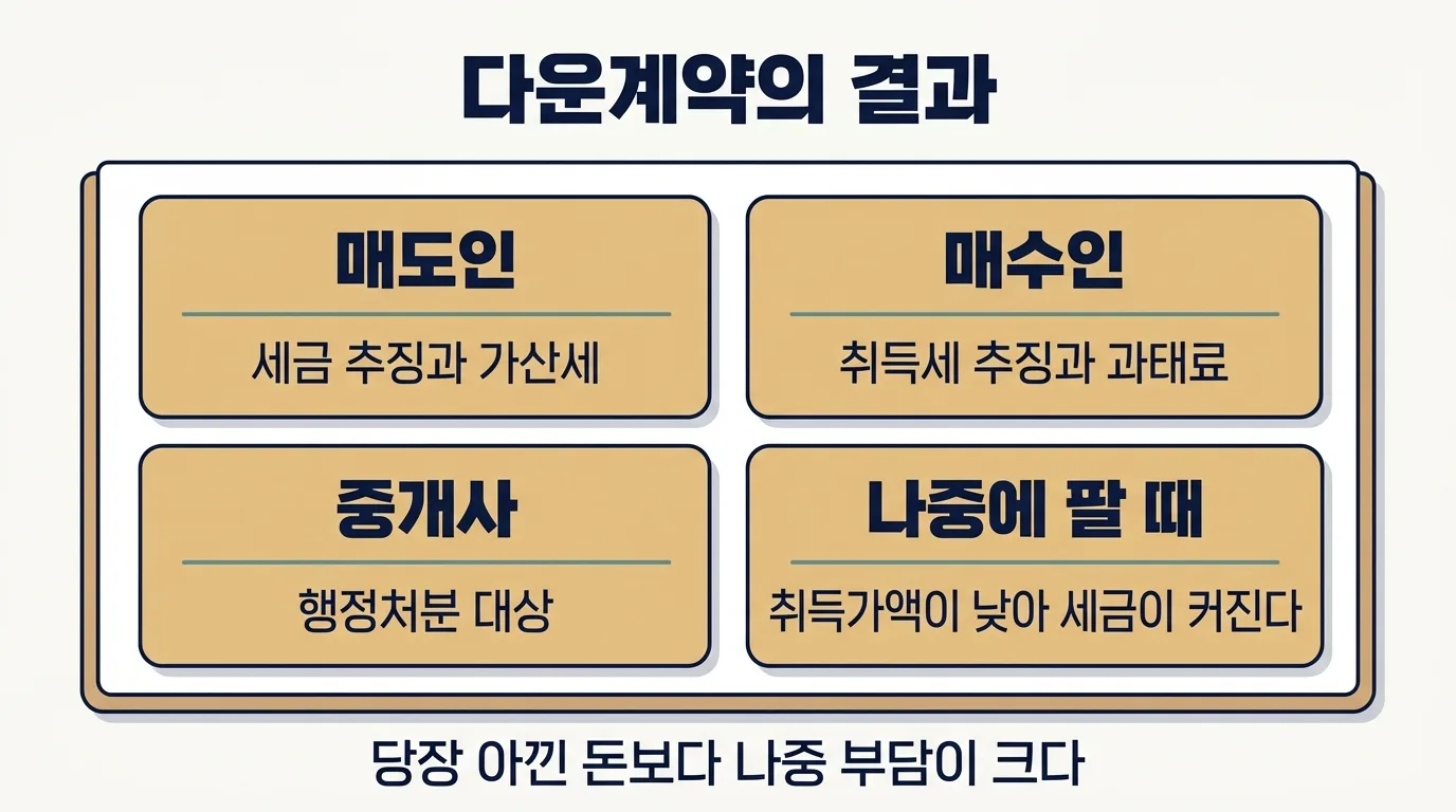 다운계약의 불이익과 매수인에게 돌아오는 손해를 정리한 도해