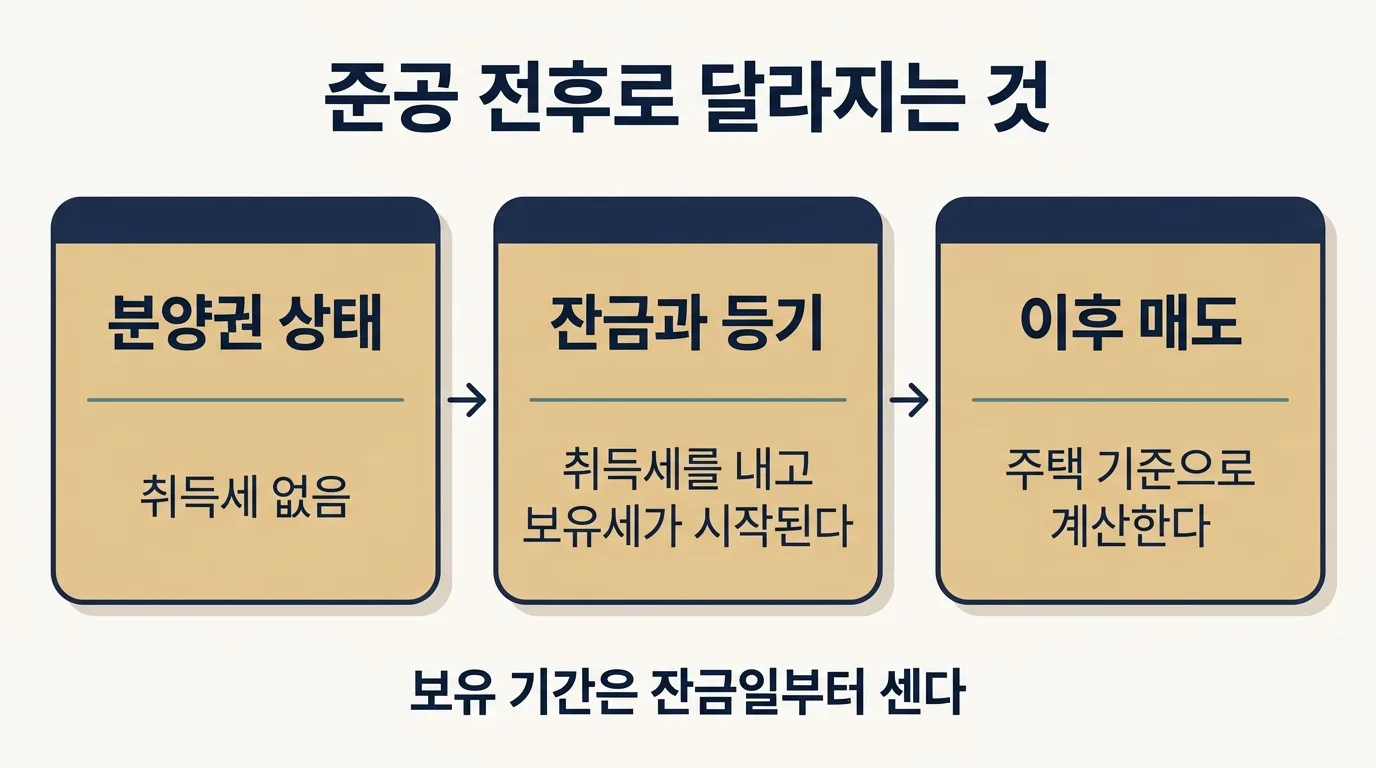 준공 전후로 달라지는 세금 적용 기준과 시점을 정리한 도해
