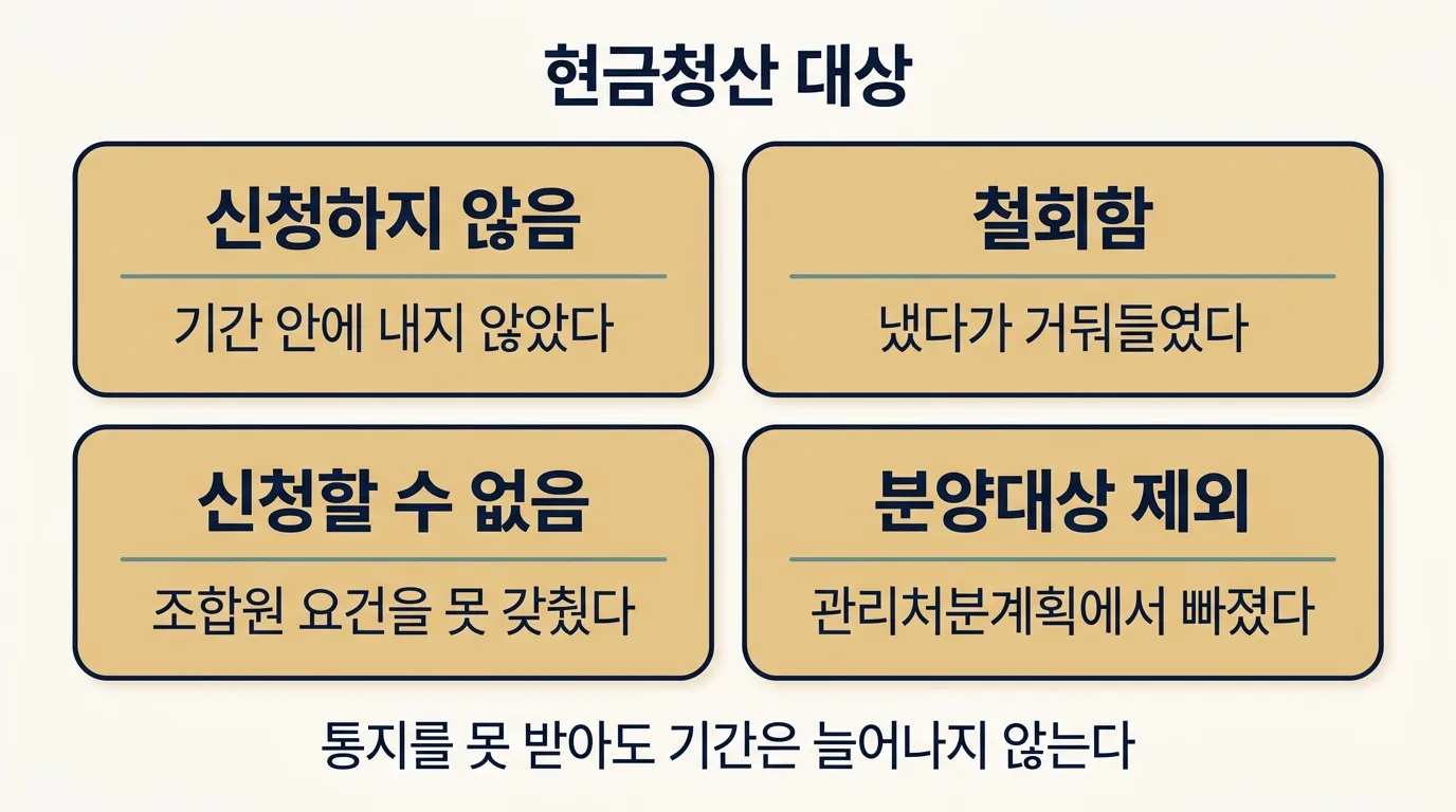현금청산 대상이 되는 네 가지 경우를 나눠서 정리한 도해