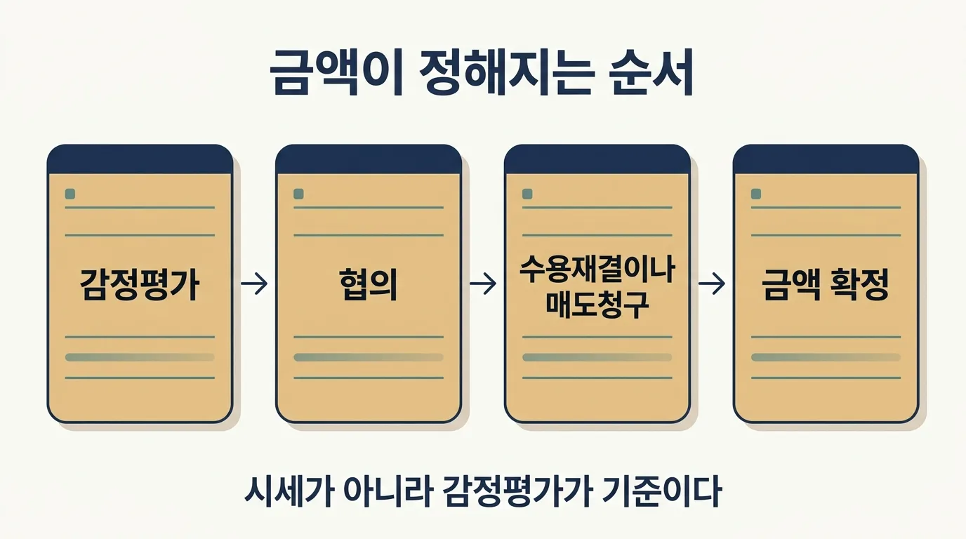 현금청산 금액이 정해지는 네 단계와 감정평가 기준 도해