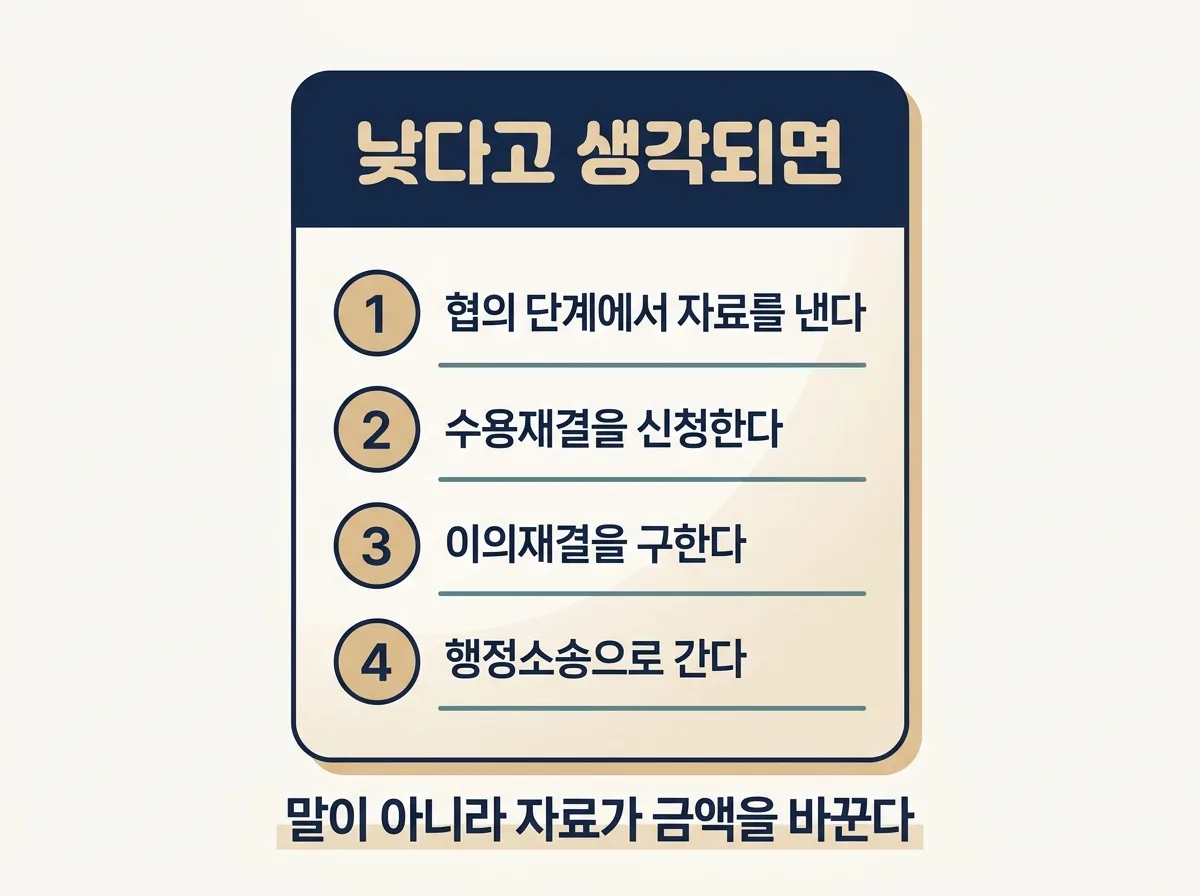 현금청산 금액에 이의를 제기하는 네 단계와 준비할 자료 도해