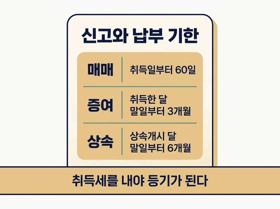 취득 원인별 취득세 신고와 납부 기한을 한눈에 정리한 표