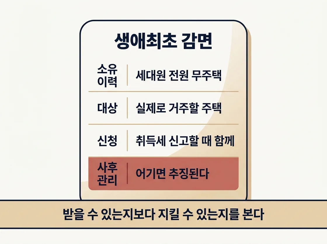 생애최초 취득세 감면 요건과 사후 관리 조건을 정리한 도해