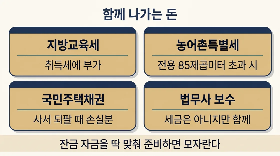 취득세와 함께 나가는 세금과 등기 부대비용을 정리한 도해