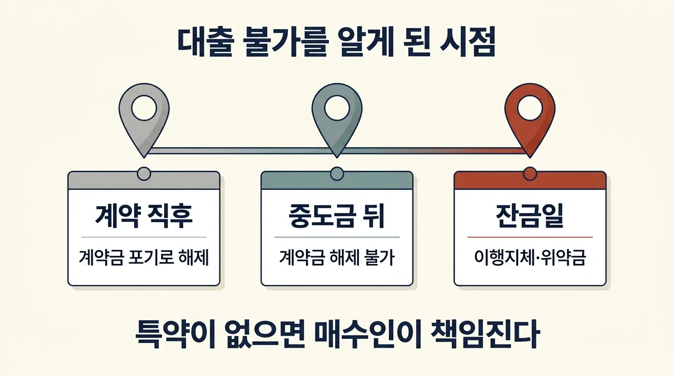 매수인 대출 불가를 알게 된 시점별로 매수인이 할 수 있는 일과 결과 비교