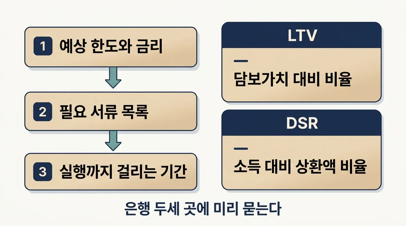 계약 전 매수인 대출 사전 한도 확인에 필요한 서류와 은행 문의 항목 도해