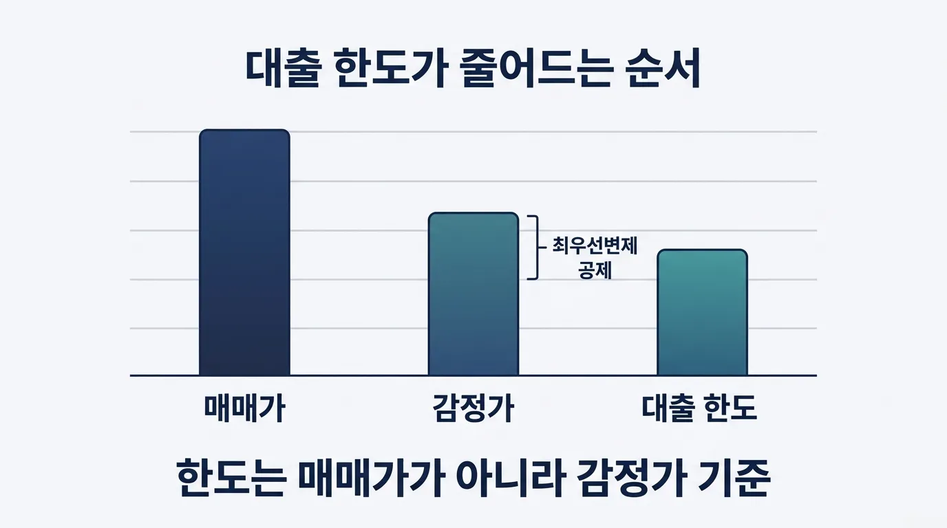 대출 한도가 매매가보다 적게 나오는 이유: 감정가와 최우선변제 공제 구조 도해