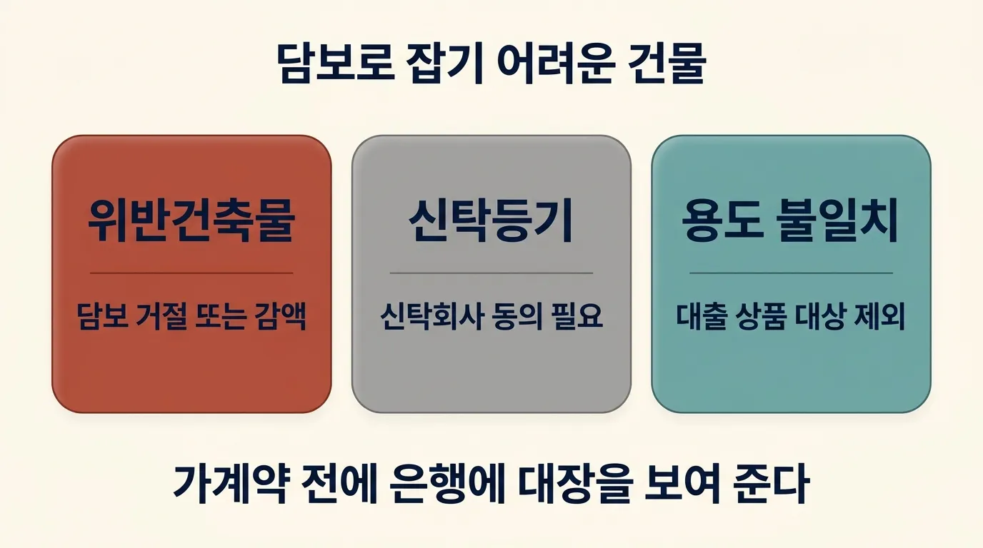 위반건축물·신탁등기·용도 불일치가 담보 거절이나 감액으로 이어지는 구조 도해