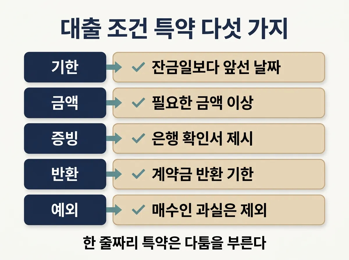 대출 조건 특약에 들어가야 할 기한·금액·증빙·반환·예외 다섯 가지 도해