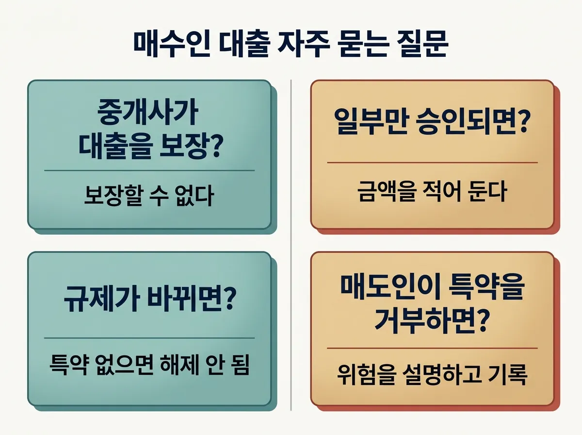 매수인 대출과 대출 조건 특약에 관한 자주 묻는 질문 네 가지와 짧은 답변 카드