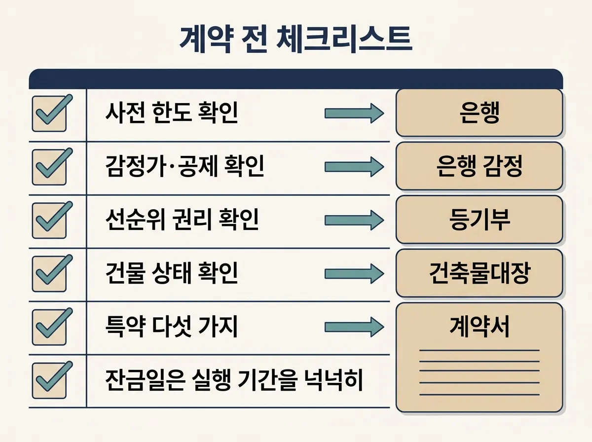 매수인 대출 계약 전 확인 체크리스트와 특약 다섯 가지 정리 도해