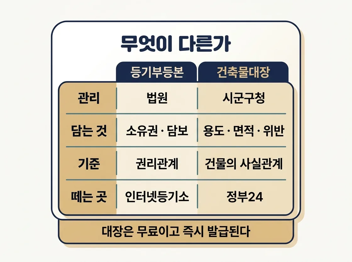 등기부등본과 건축물대장이 담는 정보를 항목별로 비교한 표