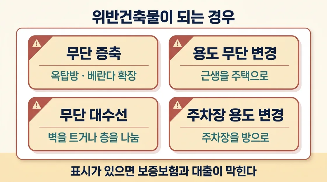건축물대장에 표시되는 위반건축물 유형과 그 영향을 정리한 도해