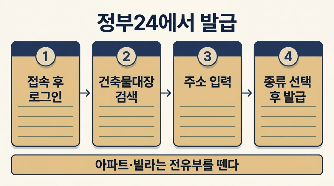 건축물대장 발급 절차 네 단계와 종류별 쓰임을 정리한 도해