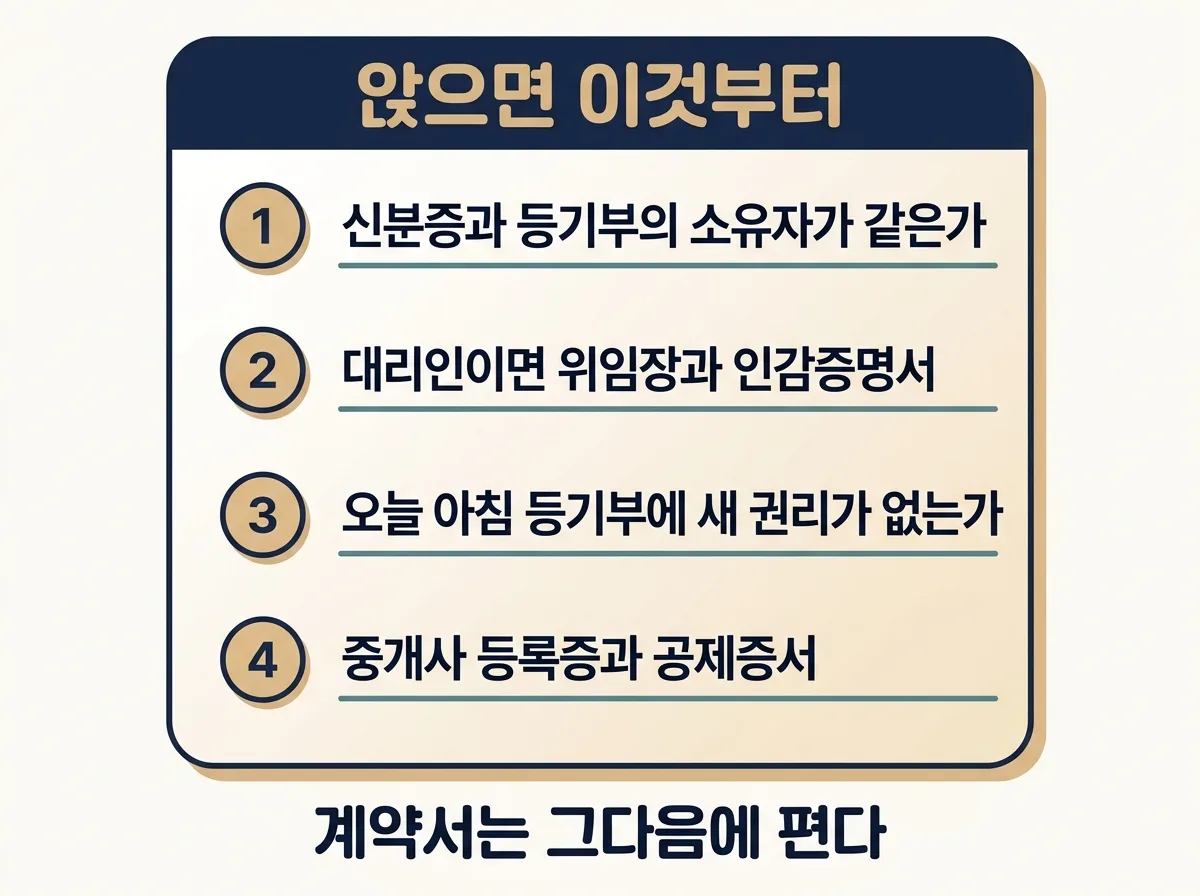 계약 자리에 앉아 사람과 등기부를 확인하는 네 단계 도해