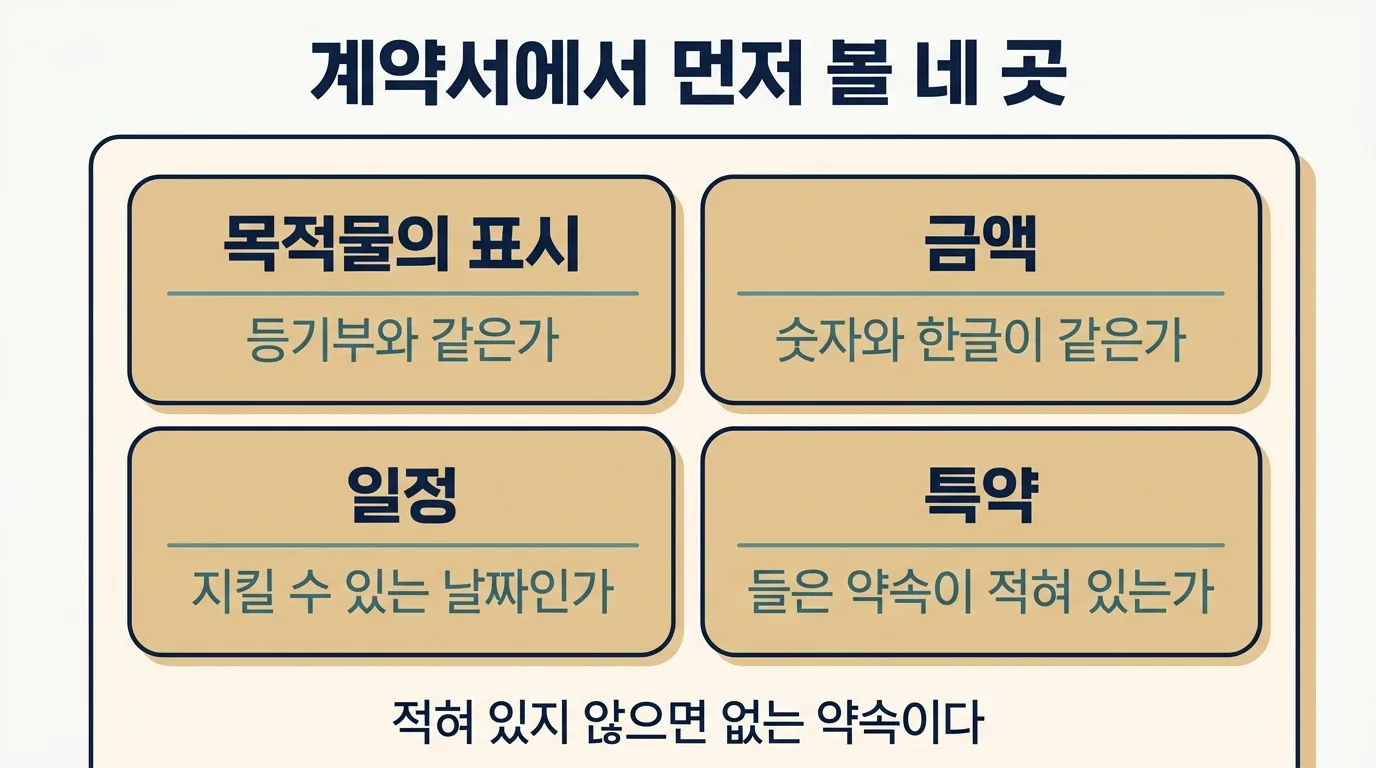 계약서를 목적물 금액 일정 특약 순서로 읽는 방법 도해