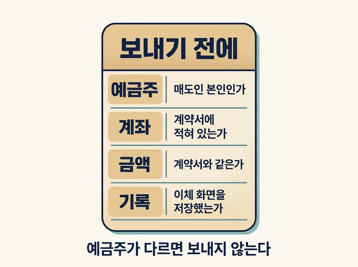 계약금을 보내기 전에 확인할 네 가지 항목을 정리한 도해