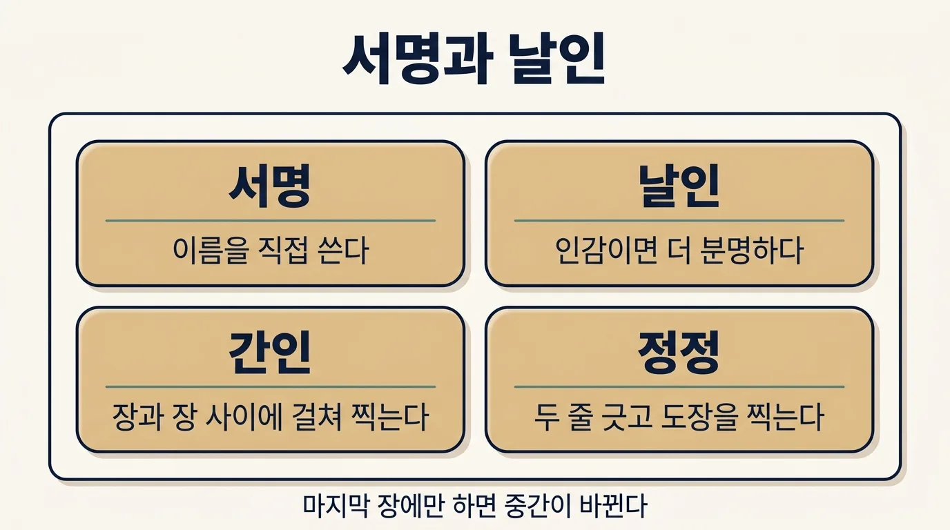 계약서 서명과 날인, 간인과 정정하는 방법을 정리한 도해
