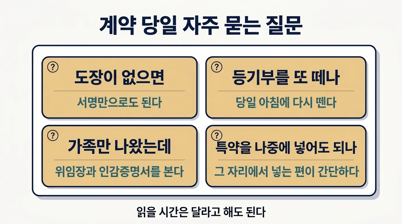 부동산 계약 당일에 관한 자주 묻는 질문 네 가지 답변 카드 정리