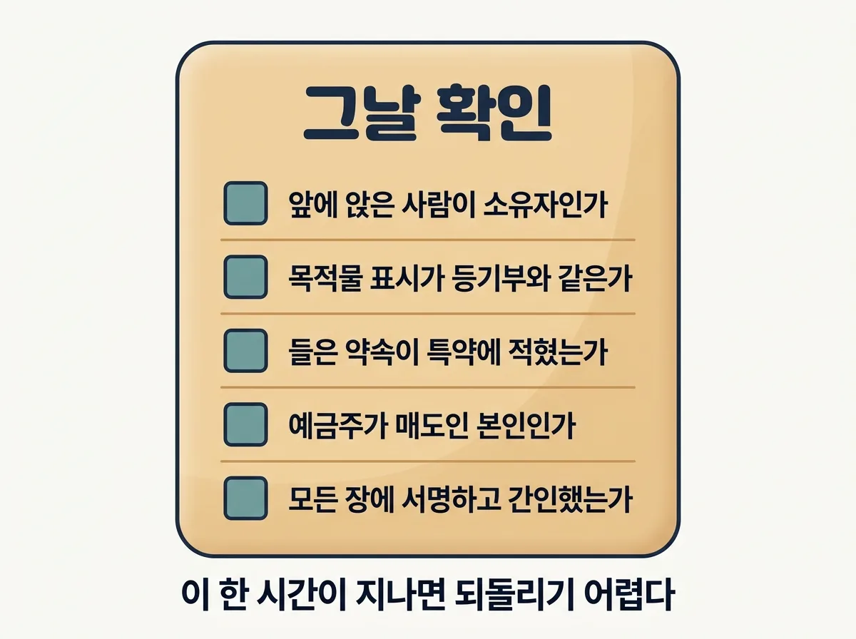 부동산 계약 당일 확인할 다섯 가지 체크리스트를 정리한 도해