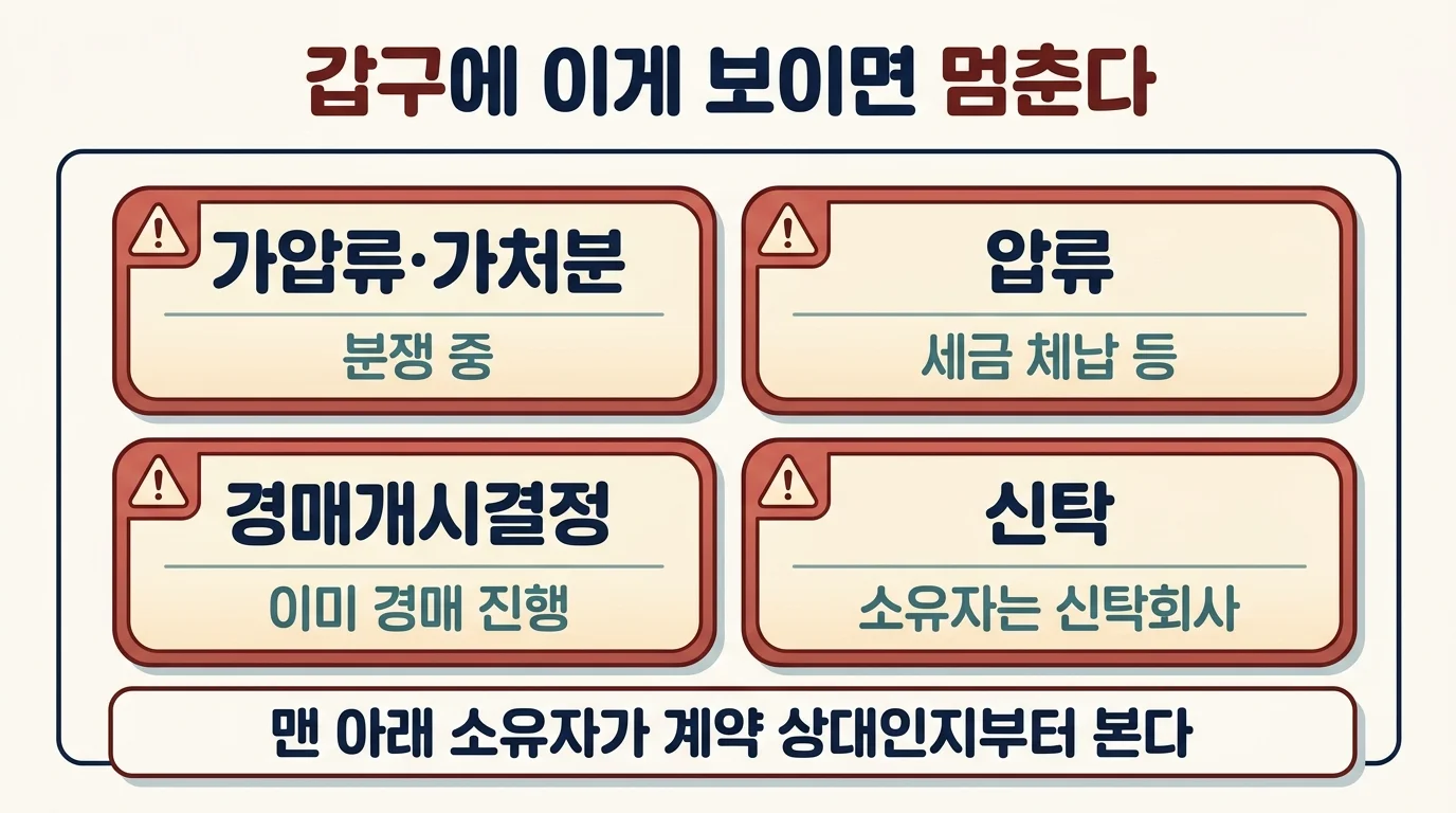 갑구에서 경고로 읽어야 할 가압류 압류 경매개시 신탁 네 가지 표시