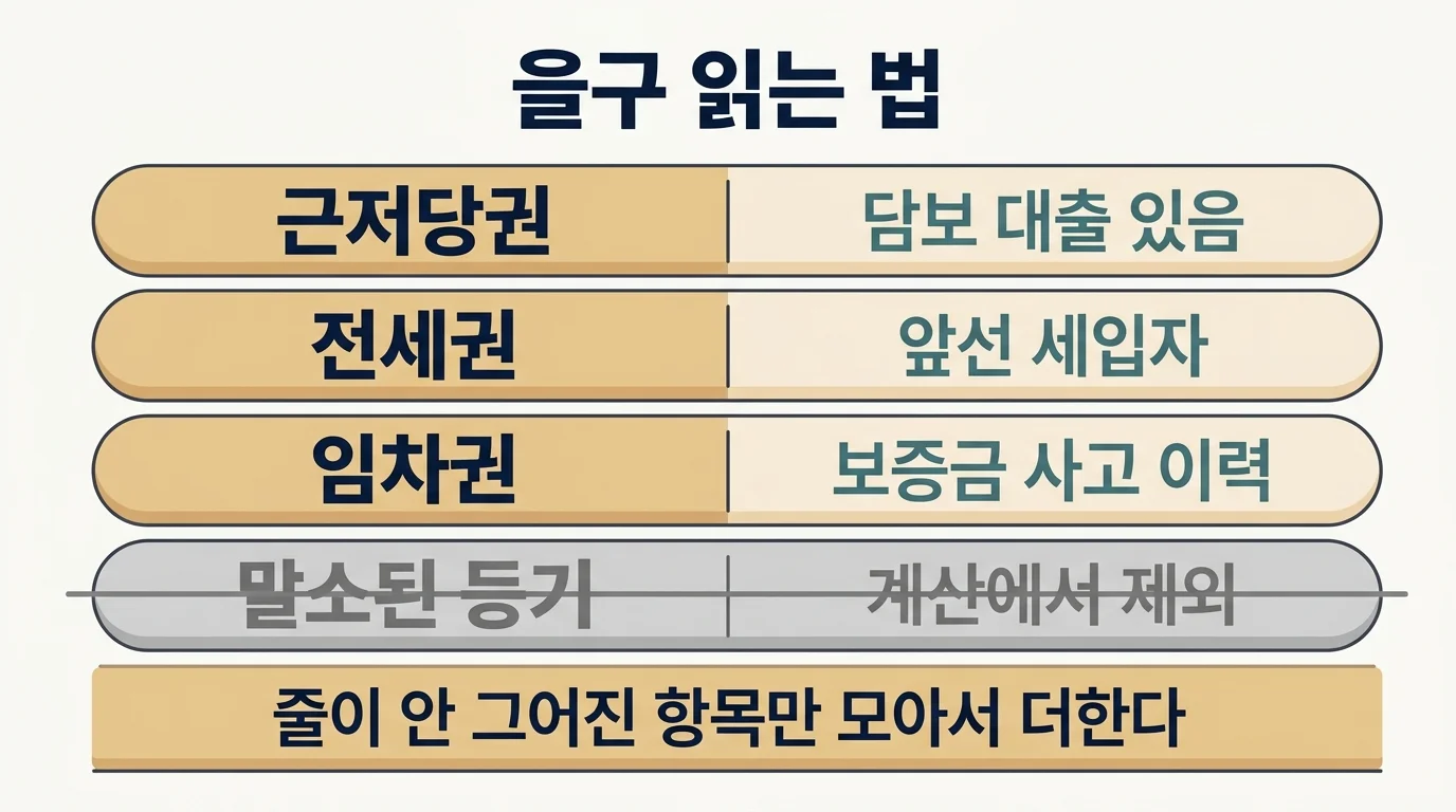 을구의 근저당권 전세권 임차권 표시와 말소 취소선 읽는 법