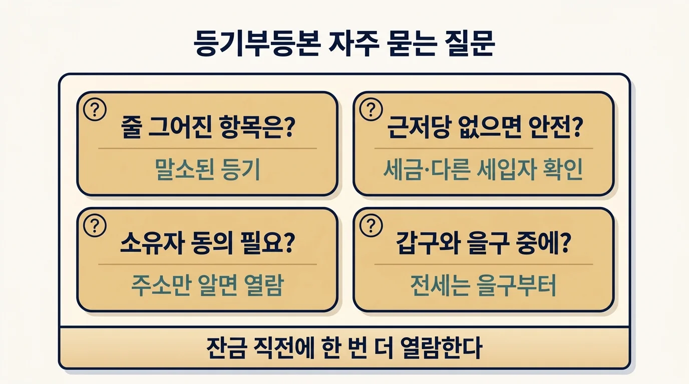 등기부등본 관련 자주 묻는 질문 4가지와 핵심 답변 카드형 정리