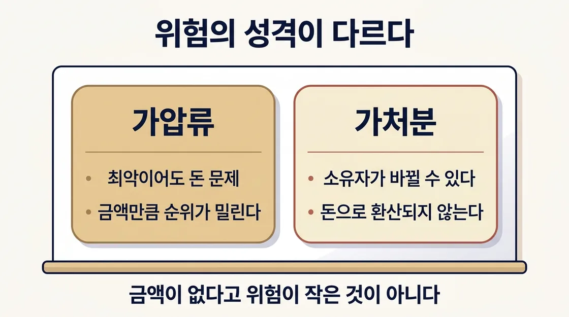 가압류와 가처분의 차이를 다투는 대상과 위험으로 비교한 도해