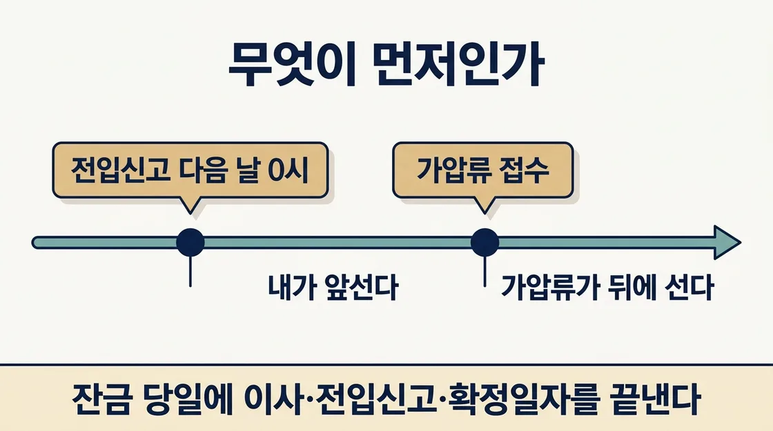계약 시점과 가압류 접수일의 선후에 따른 배당 순위 도해