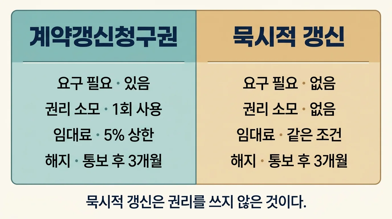 계약갱신청구권과 묵시적 갱신의 차이를 항목별로 나눈 비교표