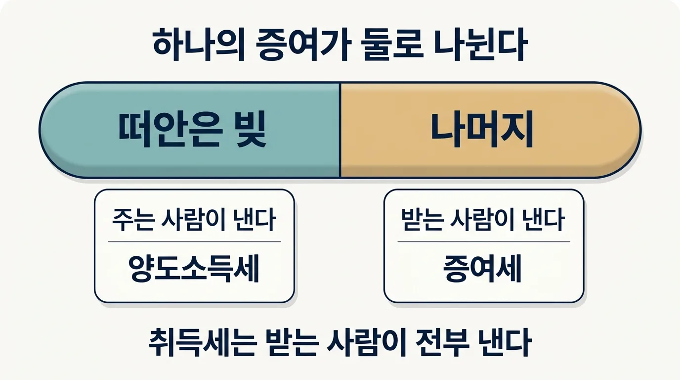 부담부증여가 양도와 증여로 나뉘는 구조와 세금 부담자 도해