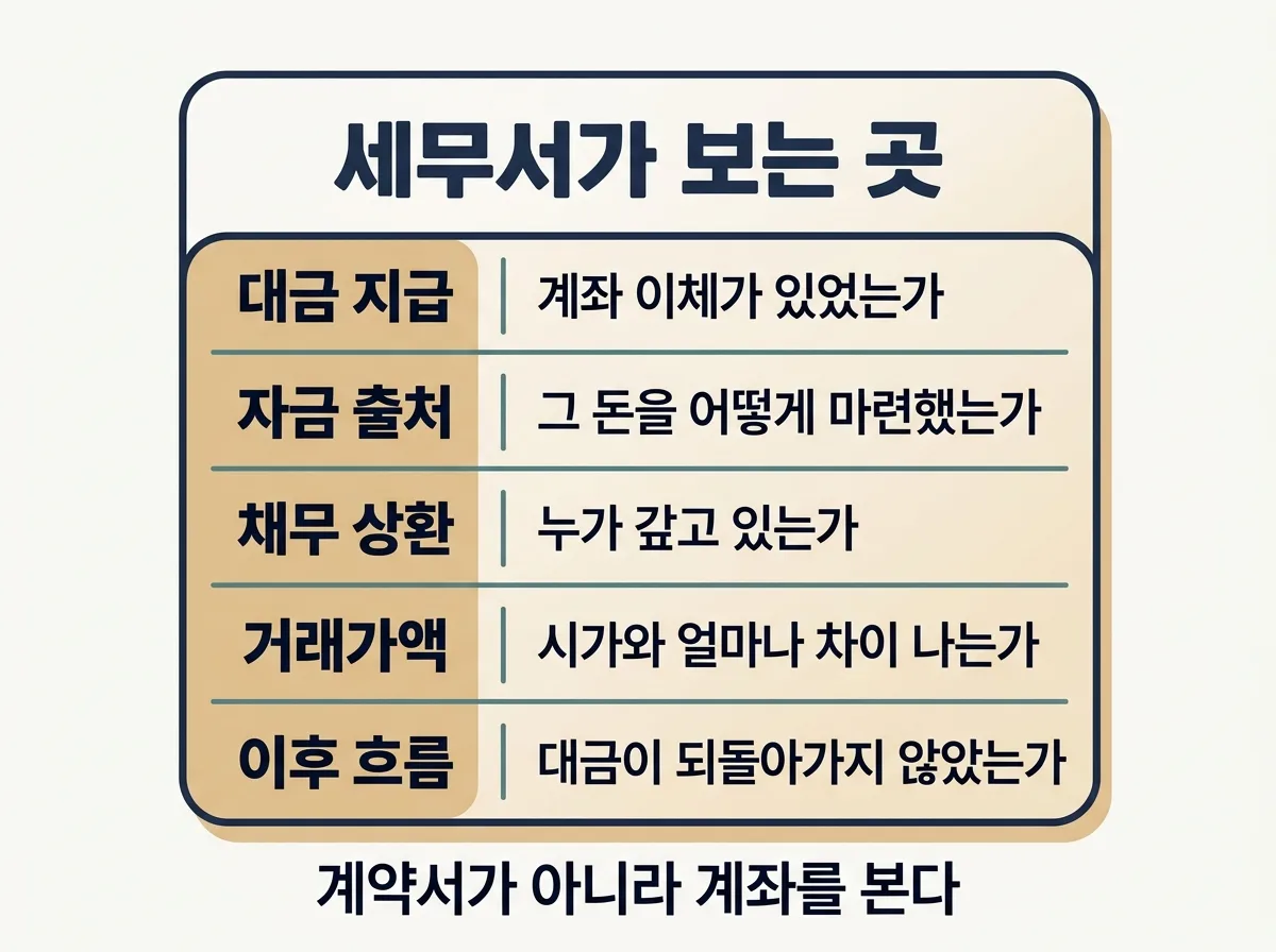세무서가 확인하는 다섯 가지 항목과 계좌 기록의 중요성 도해