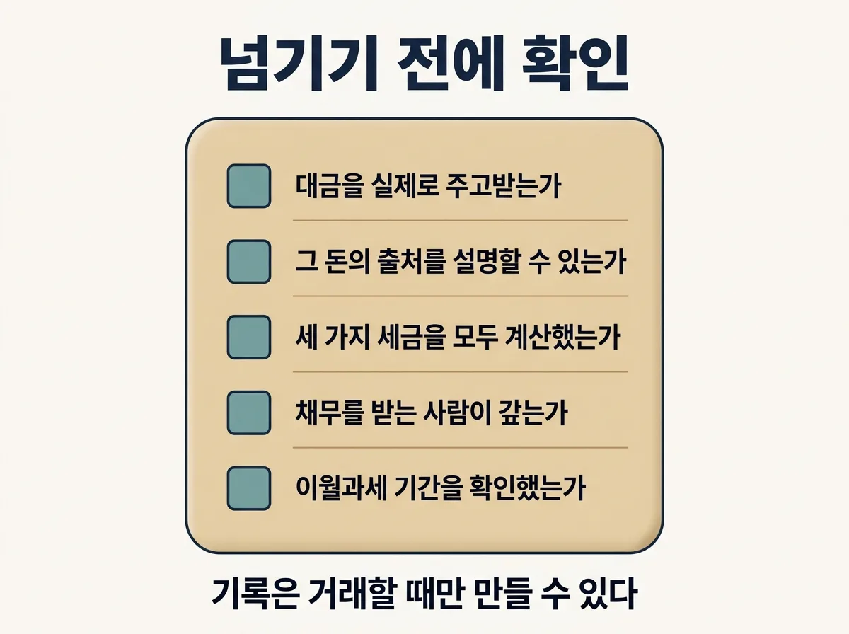 가족 간 거래 전에 확인할 다섯 가지 체크리스트를 정리한 도해