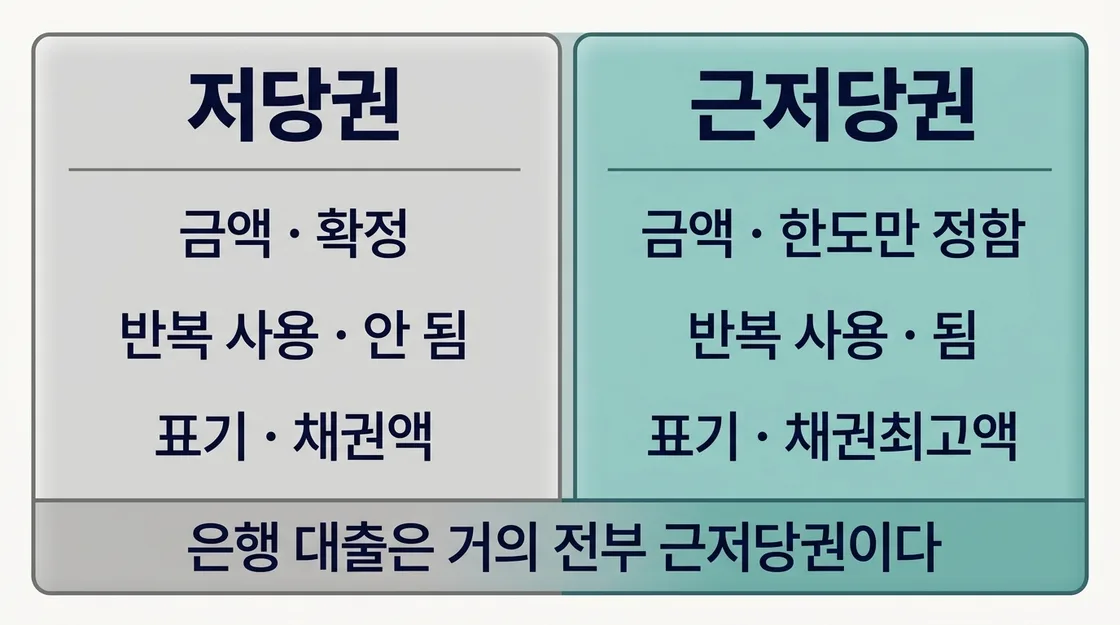 저당권과 근저당권의 차이를 금액·반복 사용·표기로 비교한 도해