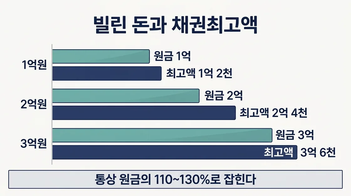 빌린 금액과 채권최고액의 관계를 금융기관별 비율로 정리한 표