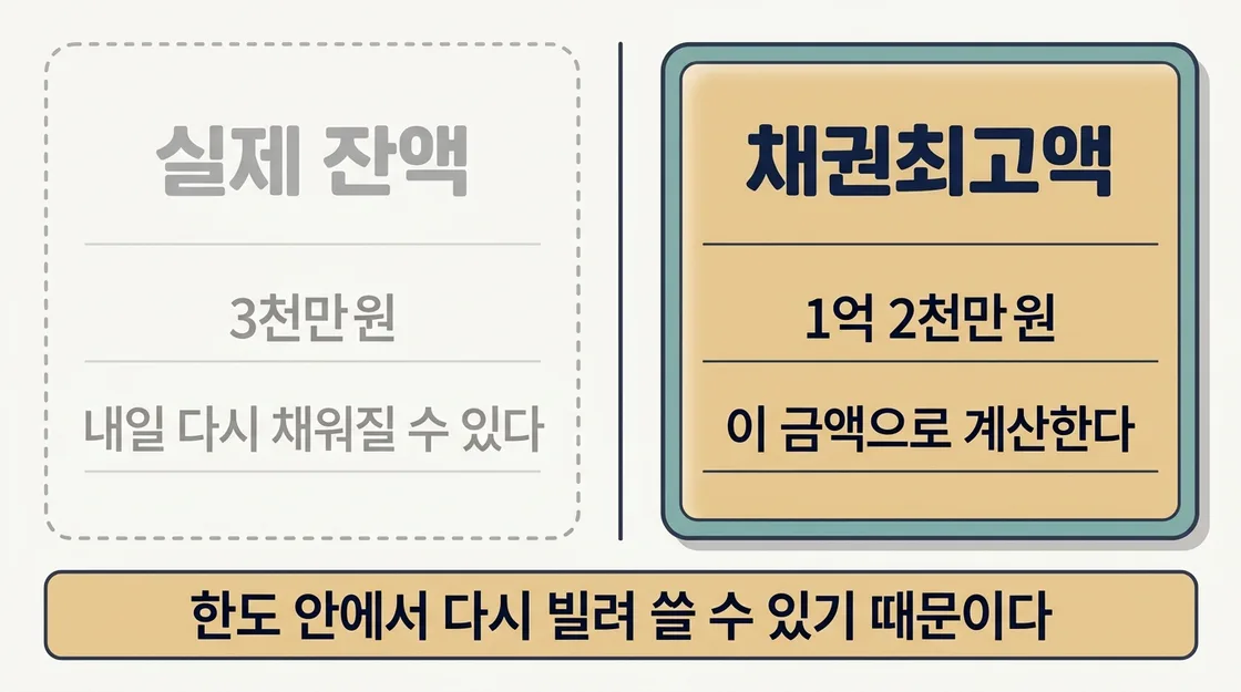 실제 잔액과 채권최고액 중 무엇으로 계산할지 비교한 도해